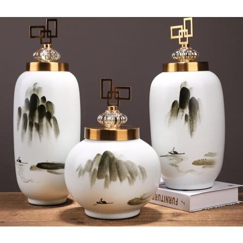 New Chinese modern hand painted ceramic can storage can with lid decoration living room porch model room vase ornaments