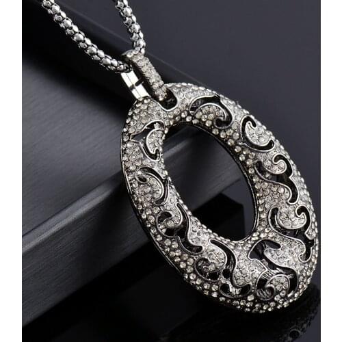 KIOOZOL Vintage Classic Hollow Oval Cubic Zirconia Pendant Long Necklace For Women Statement Jewelry 099 KO3