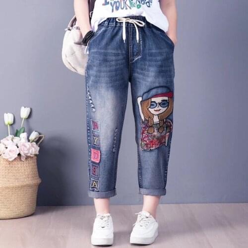Summer Cartoon Gril Embroidery Jeans Women Fashion Elastic Waist Letter Patchwork Denim Harem Pants Lady Casual Trousers S-4XL