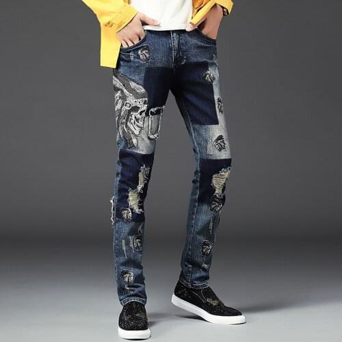 2021 New Mens tribe chief embroidery ripped jeans Holes distressed blue stretch denim pants Fashion personality leisure time