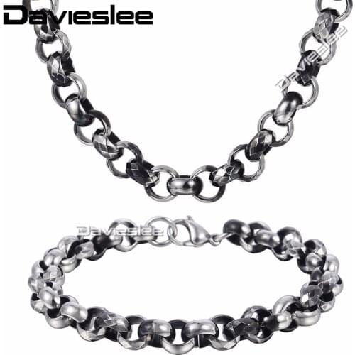 Davieslee Mens Necklace Bracelet Jewelry Set Gunmetal Stainless Steel Chain Box Link DKS229
