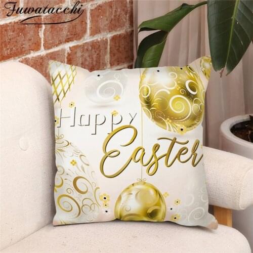 Fuwatacchi Happy Easter Egg Printed Cushion Cover Cute Rabbit Pillow Cases For Home Bedroom Sofa Decorative Pillow Cover 45x45cm