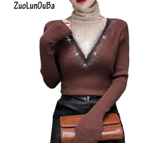 Autumn Winter Women Clothes Sweater Hot Drill Brown High Neck Fake Two Piece Stitching Long Sleeve Slim Christmas Pullover
