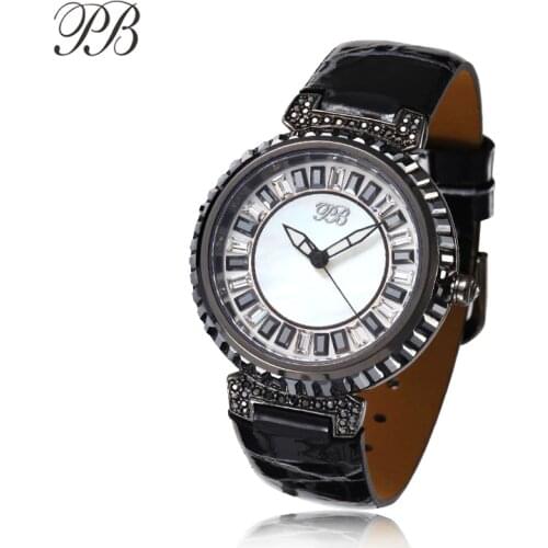 PB Women Watches Multicolor Crystal Pearl Dial Ladies Watch Waterproof Leather Strap Quartz Fashion Relogio Feminino