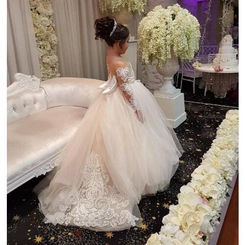 Princess Flower Girls Dresses Long Sleeve Lace Holy First Communion Dress Round Sheer Neck Kids Party Gowns With Bow 2019