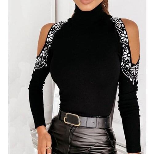For Womens Fall Winter Pullover Tops Sexy Off-shoulder Fashion Hot Drilling Long Sleeved Ladies High Neck Bottoming Shirt 2021