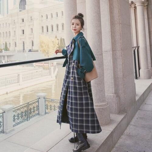 Retro Dark Green Plaid Windbreaker Womens Mid-length Autumn Coat New Loose Bandage Trench Temperament Spring Outerwear y037
