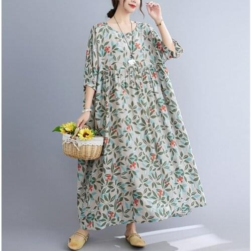 Summer Female Cotton Sundress Loose Leaves Print Dress O-Neck Dress Women Short Sleeve Holiday Beach Casual Dress