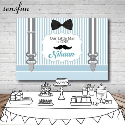 Sensfun Newborn Baby Shower Backdrop White Light Blue Striped Belts Bow Moustache Boys Birthday Party Backgrounds Photocall