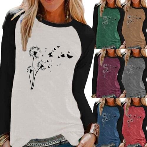 Women Clothing Autumn Dandelion Printing Graphic Sweatshirt Raglan Long Sleeve Round Neck Pullover Loose Shirt Casual Tops