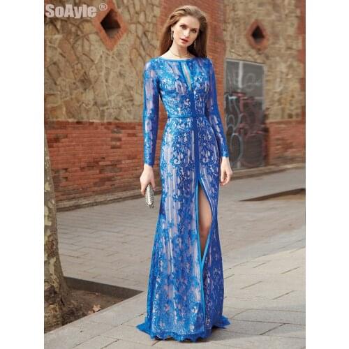 MA3131 Royal Blue Lace Evening Dress Long Sleeve O-Neck Sexy Front Split Wedding Guest Dress Vestido De Festa SoAyle