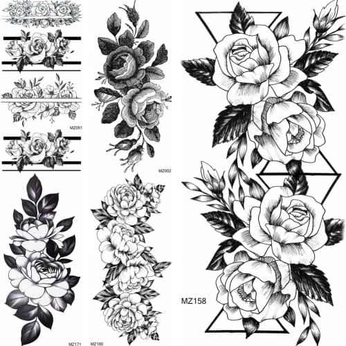 Geometric Rose Temporary Tattoos Sticker Fake Black Pencil Sketch Flower Sheet Tatoo For Women Body Art Drawing Chest Arm Tattoo