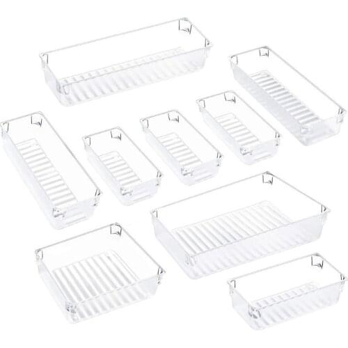 Desk Drawer Organizer Acrylic Trays 4-Size Bathroom Drawer Tray Divider Plastic Vanity Organizer Storage Case for Makeup Dresser