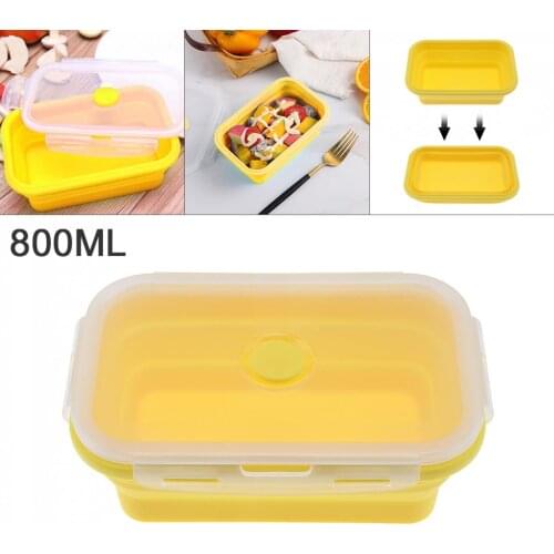Yellow 800ML Portable Rectangle Silicone Scalable Folding Lunchbox Bento Box with Silicone Sealing Plug for -40~230 Centigrade