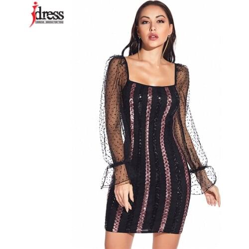 IDress Womens Clothing Sexy Square Neck Elastic Stripped Sequin Bodycon Dot Mesh Long Sleeve Wedding Party Mini Dress Drop Ship