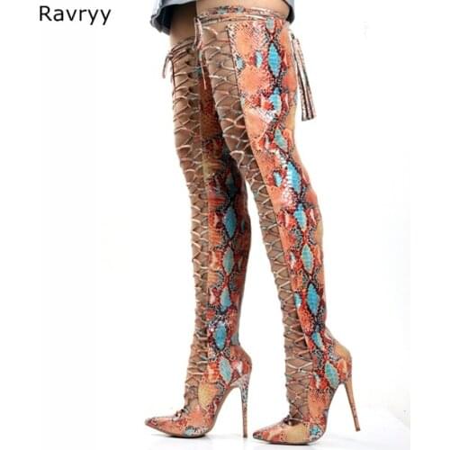 Pointed Toe Cross-tied Woman Long Boots Summer Colorful Snakeskin Over-the-knee Sandal Boots Lace Up Female Motorcycle Booties
