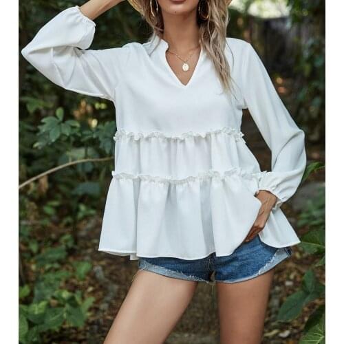 Women Casual Solid Color Pullover Tops Long Sleeve V-Neck Loose Style Ruffle Trim Hem Wild Spring Fall Leisure T-Shirt