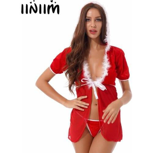 Women Christmas Lingerie Set Sexy Velvet Sleepwear Feather Trim Sheer Mesh Short Sleeve Babydoll Hooded Mini Dress with G-string