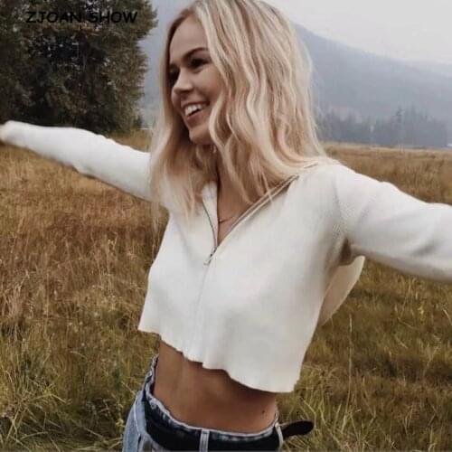 Women Sexy Zipper Hooded Cropped Cardigan Sweater Vintage Knitted Exposed navel Short Knitwear Long sleeve Jumper Tops