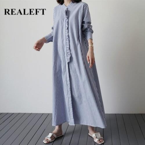 REALEFT 2021 New Spring Oversize Striped Womens Long Shirt Dress Ruffles Long Sleeve Korean Casual Loose Shirt Dresses Lady