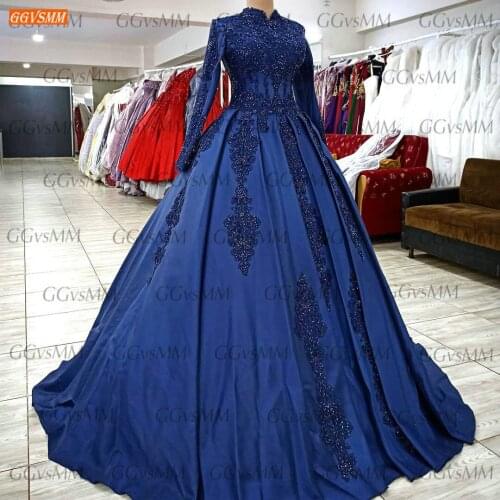 Royal Blue Evening Dresses Real Photos Long Sleeves Vestito Da Festa Di Nozze 2021 Beaded Party Gown For Women Robe Soirée Femme