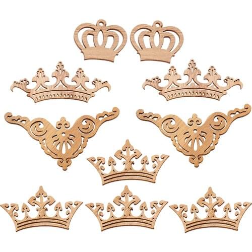 10x Natural Unfinished Wood Hollow Crown Wooden Shapes Scrapbooking Embellishments Tags for Card Making DIY Craft Painting
