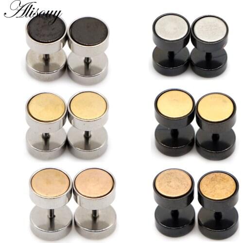 Alisouy 2pc Unisex Gold/Silver Color Barbell Titanium Steel Men Earrings Punk Piercing Ear Stud Women ear Jewelry