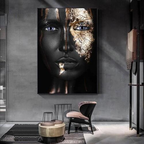 African Art Black and Gold Woman Painting on Canvas Prints Light Luxury Pictures Modern Living Room Wall Fashion Poster Decor