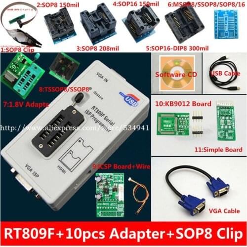 Free shipping 100% origanil Newest RT809F LCD ISP programmer+ 10 adapters +sop8 IC test clip + 1.8V Adapter+TSSOP8/SSOP8 Adapter