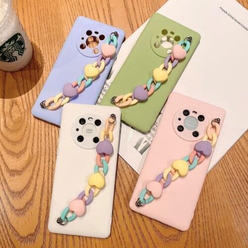 Colorful Love Heart Bracelet Case With Chain For Huawei P Smart 2021 P40 P30 Pro P20 P10 Selfie P9 P8 Lite 2017 Soft TPU Shell