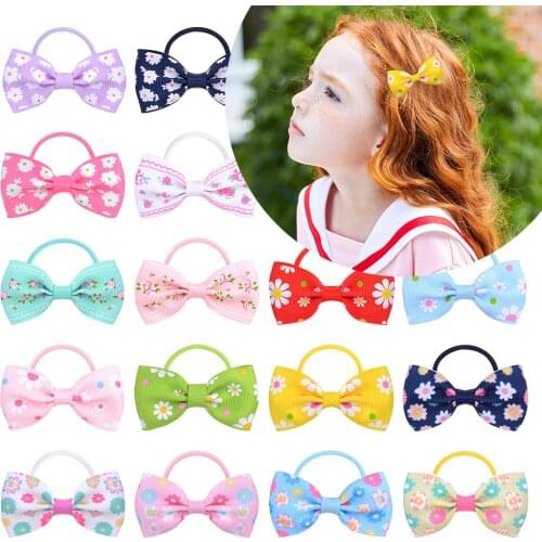 DIY Bow Elastic Hair Bands for Girl Print Flower Grosgrain Ribbon Kid Baby Ponytail Holder Rubber Band Scrunchy Hair Accessories