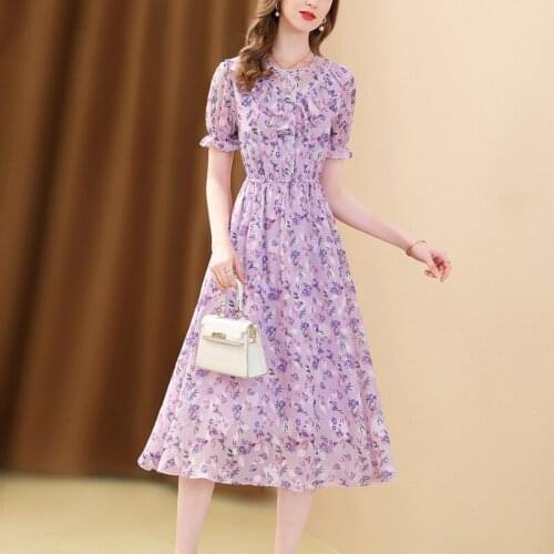 Only Plus Purple O-Neck Chiffon Dress For Women Summer Elastic Waist Holiday Beach Party Dresses Ruffle Sleeve Flower Vestidos