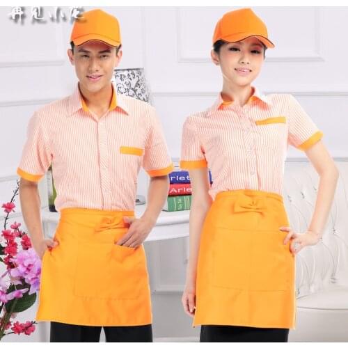 Work Clothes Sets Short Sleeve Summer Restaurant Striped Work Uniforms Hotel Staff Workwear uk Bar Shirt+Apron Set Free Shipping