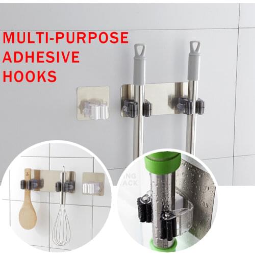Adhesive Multi-Purpose Hooks Wall Mounted Mop Organizer Holder Brush/Broom/Rack Hanger Strong Hooks for Kitchen Bathroom