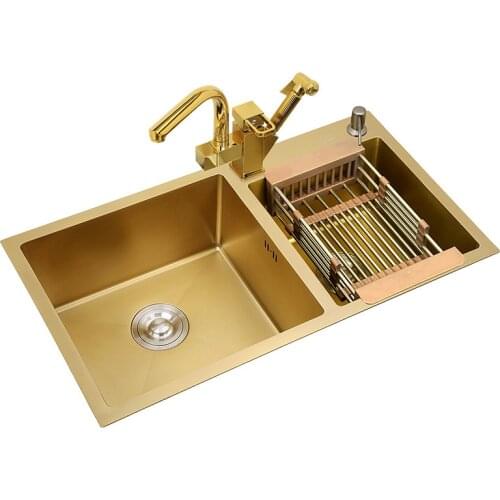 304Stainless Steel Kitchen Sinks Gold Hand-thickened 4mm Double Bowl with tap Above Counter Nano-coating Sinks Vegetable Washing