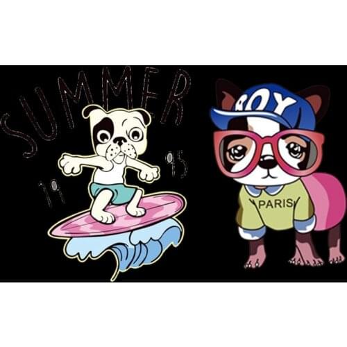 Summer Surfing Dogs Iron on Heat Transfer Printing Patches Stickers for Clothes DIY Appliques Washable Animal Patches Wholesale