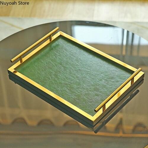 Golden Stainless Steel Storage Tray European Leather Rectangular Display Tray Ornaments Living Room Decoration Accessories