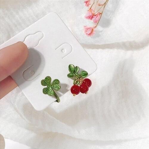 Cute Green Leaf Red Cranberry Asymmetric Pendant Drop Earrings for Women Girls Teens Funny Fruit Earrings 2021 Trend New Arrival