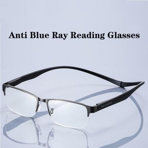 Fashion Anti Blue Ray Reading Glasses High Quality Men Women Gray Alloy Rectangular Half Rim Frame TR90 Flexible Mirror Legs