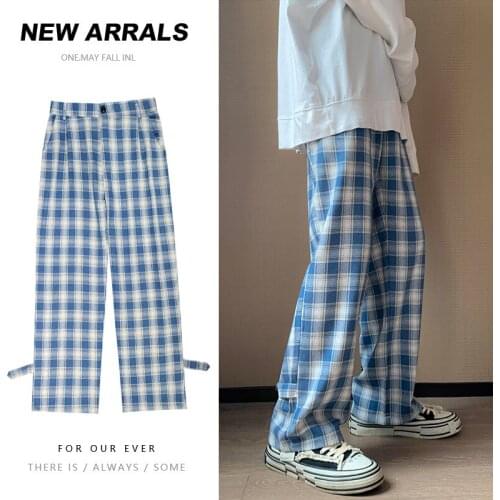 Autumn Black Blue Plaid Pants Mens Fashion Straight Pants Men Streetwear Loose Hip-hop Wide-leg Pants Mens Trousers M-2XL