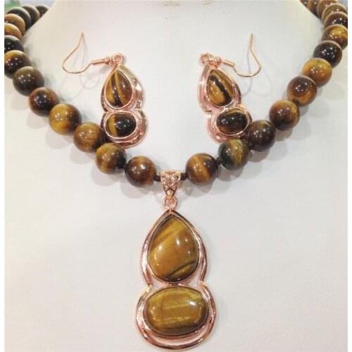 10MM GENUINE TIGER EYE GEMS STONE ROUND BEADS NECKLACE PENDANT & EARRING SET JEW