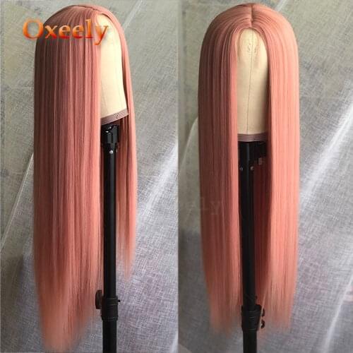 Oxeely Pink /Blonde HairStraight Synthetic Long Hair Wigs for Women Middle Parting Heat Resistant