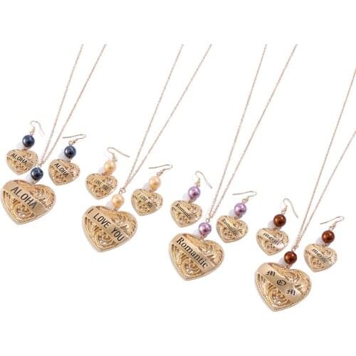 Customizable Name Text Polynesia Hawaii Samoa Marshall Glass Bead Hollow Heart Charm Necklace Ladies Jewelry Set