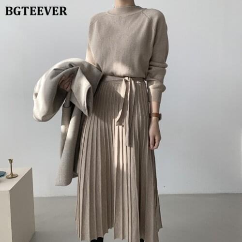 BGTEEVER Elegant Thicken Warm Women Dress O-neck Full Sleeve Lace-up Knitted A-line Female Sweater Dress vestidos 2021