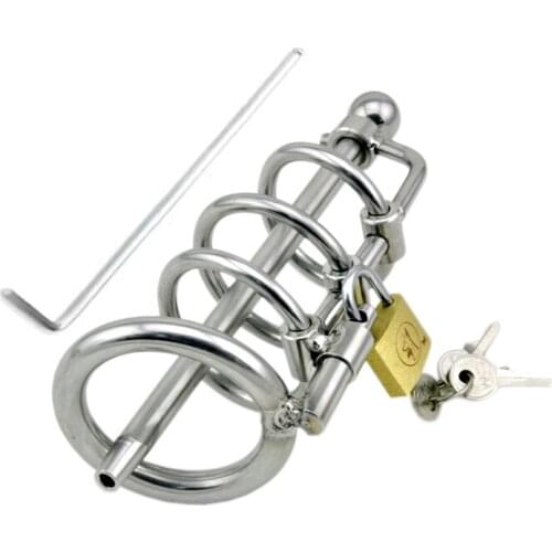 Stainless Steel Male Chastity Device Belt With Catheter Cock Cage Penis Ring Adult Game Cock Ring