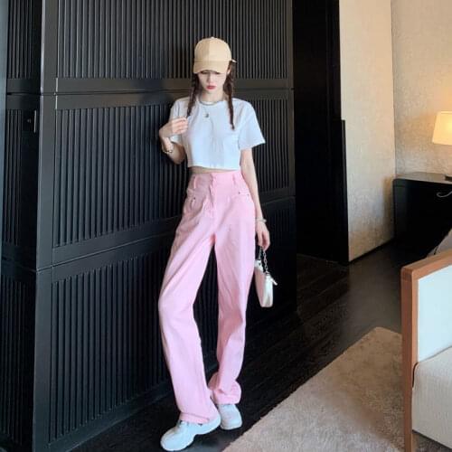 Saliency Pink Wide-leg Pants Jeans Womens High-waisted Straight-leg Slimming Thin Loose 2020 Summer New Design Trousers