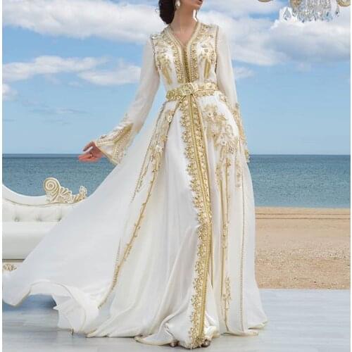 Chiffon Luxury Evening Dresses Golden Lace Appliques Moroccan Kaftan Dubai Mother Dress Arabic Muslim Special Occasion
