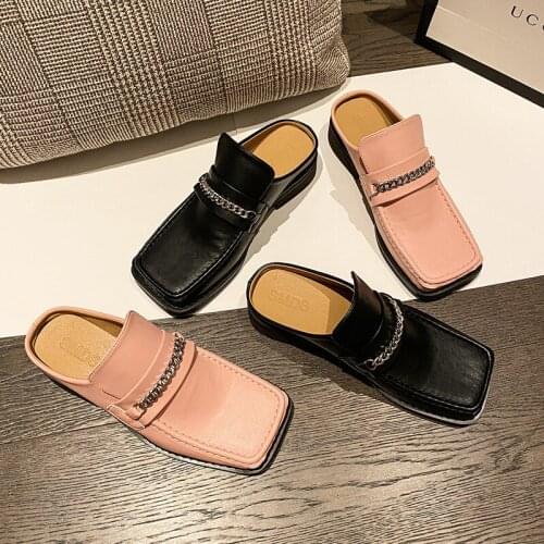 Summer Women Slippers Woman Beach Slides Ladies Chain Outside Shoes Girls Real Leather Heel Female Brand Slides Zapatos De Mujer