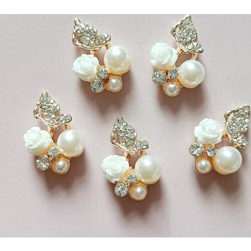 10 PCS 15x22mm Metal Alloy KC Gold Crystal Rhinestone Imitation Pearl Flowers Charms DIY Jewelry Findings