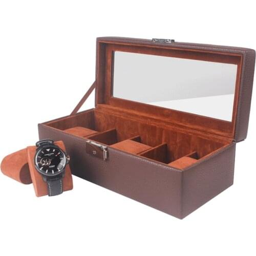 High Quality Open Window Watch Box PU 5 Slots Brown Watch Storage Jewelry Display Box for Mens Watches Caja Para Relojes